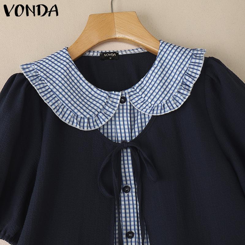 VONDA Women Girls Puff Sleeve Bow Knot Fake Two-piece Plaid Casual Blouse