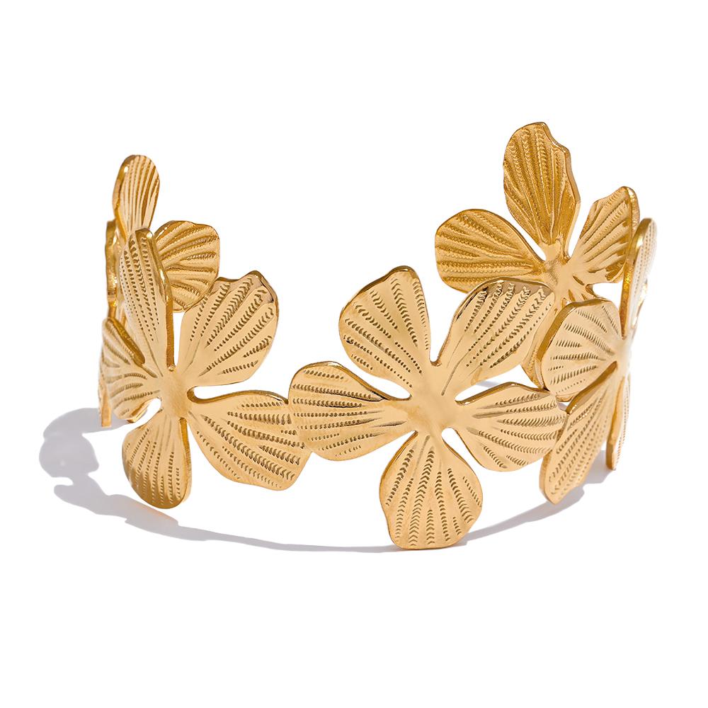 Yhpup High Quality Stainless Steel Flower Cuff Open Statement Bracelet Bangle Gold Color Tarnish Resistant Metal Stylish Jewelry