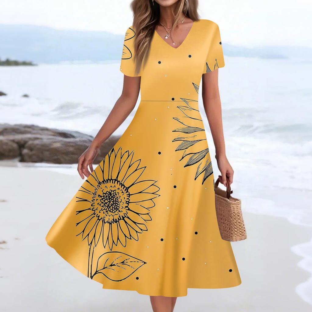 Women's Summer Casual Fashion Print Pocket Short Sleeve V-Neck Swing Dress