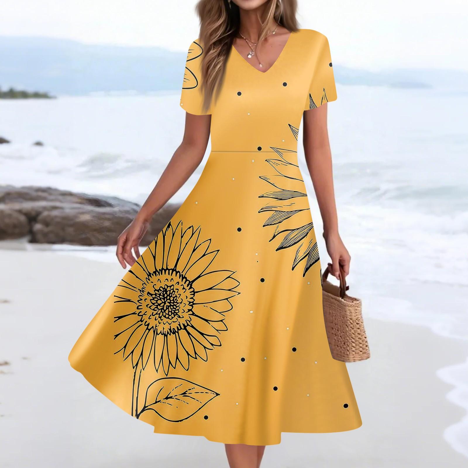 

Женское летнее повседневное модное платье с принтом и карманом, коротким рукавом и V-образным вырезом L