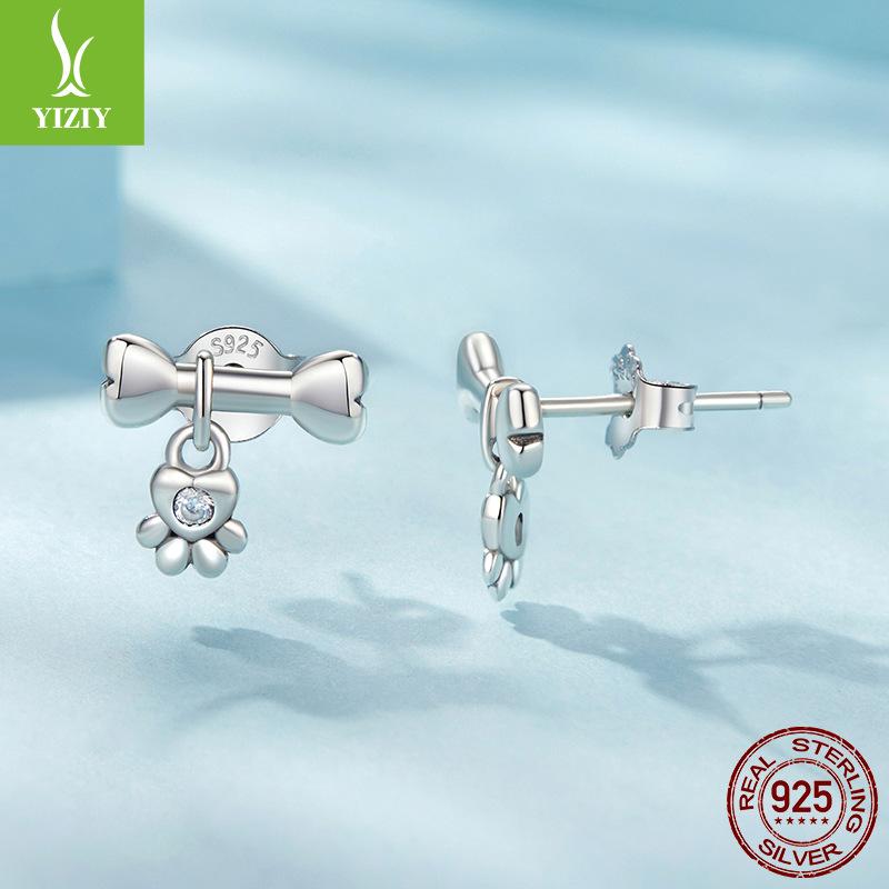 Dog Bone Dog Claw Stud Earrings, Cute Fun Stone Design S925 Sterling Silver Earrings Jewelry