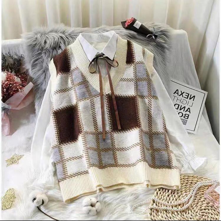 Sweater Vest Women V-neck Soft Warm Fashion Plaid Sleeveless Sweaters Retro All-match Loose-fitting Knitted Vest