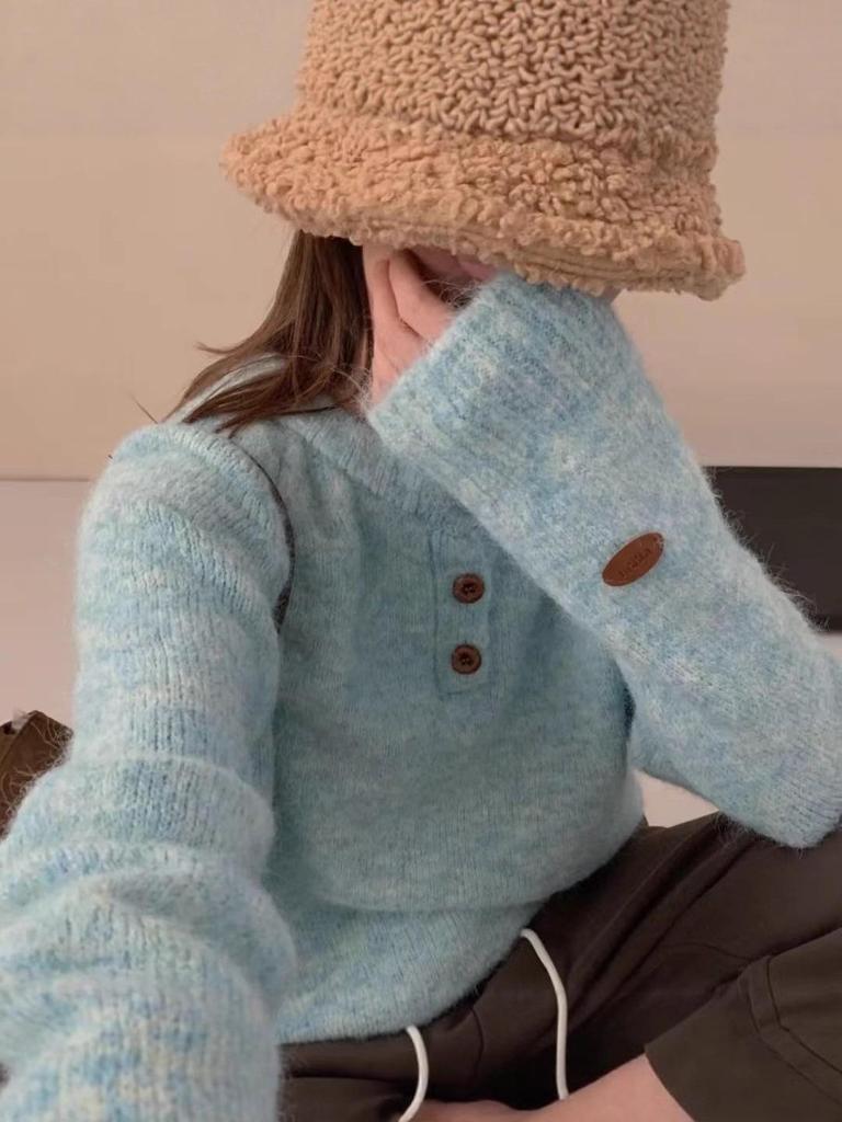 Sweter damski z miękkiej dzianiny koreańskiej z okrągłym dekoltem i częściowym rozpięciem - Przytulny styl jesienno-zimowy