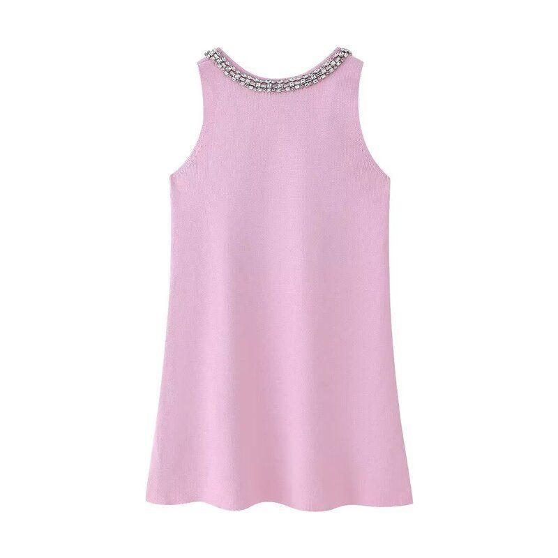 Fashion Style 2024 Summer New Arrival Women's Round Neck Sleeveless Jewelry Inlaid Plain Stitch Mini Dress 5755025