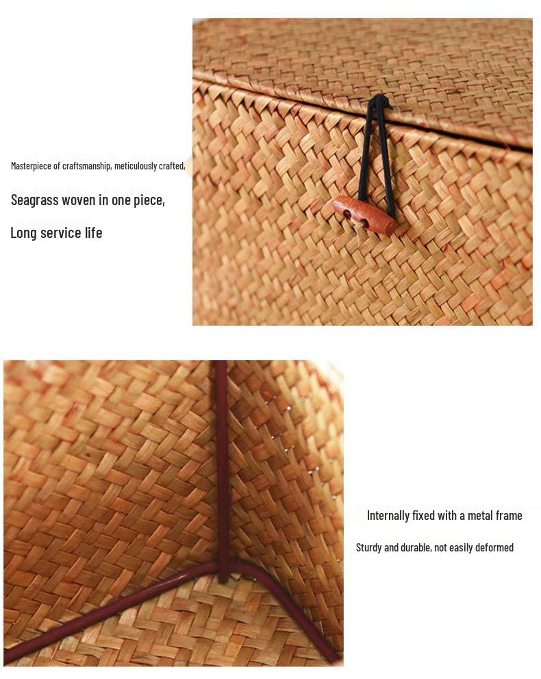 Seagrass Woven Cattail Desktop Storage Box with Lid - 4-Compartment Organizer for Cosmetics, Tea, Coffee Table, or Mooncakes