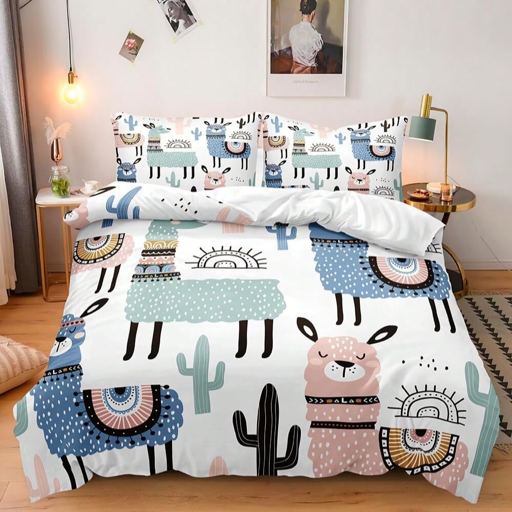 Alpaca Duvet Cover Botanical Bedding Set Double Size Quilt Cover 3D Microfibre Comforter Cover With Zipper And Pillowcases 2 Pcs