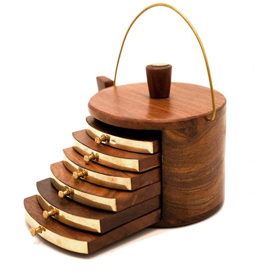 Wood Kettle Shape Coasters for Tea Cups Coffee Mugs Beer Cans Bar Tumblers or Water Glasses Set of 6, Brass Embedded Design Coaster