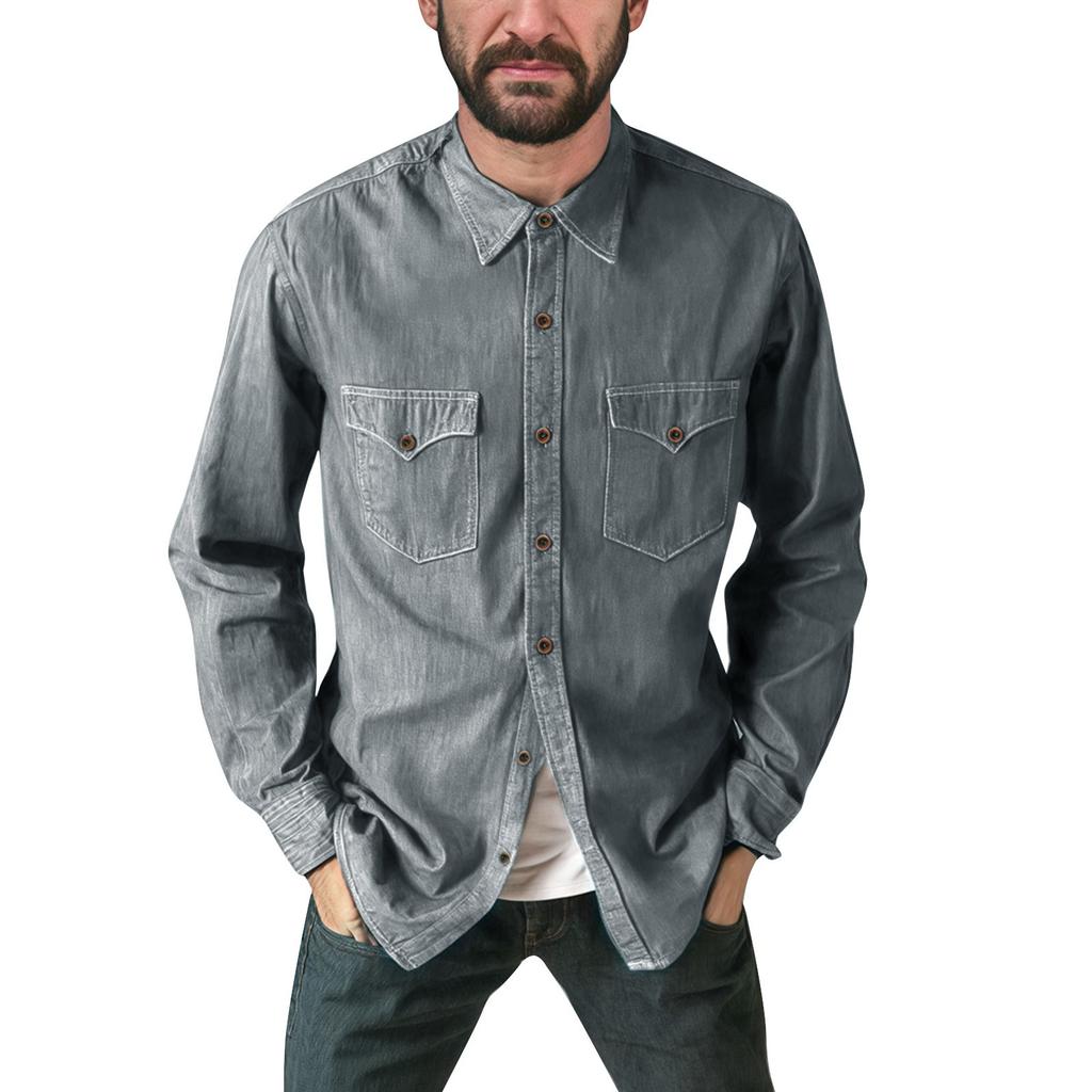 Men's Summer Solid Color Lapel Long Sleeved Shirt Men's Casual Fashion Long Sleeved Shirt