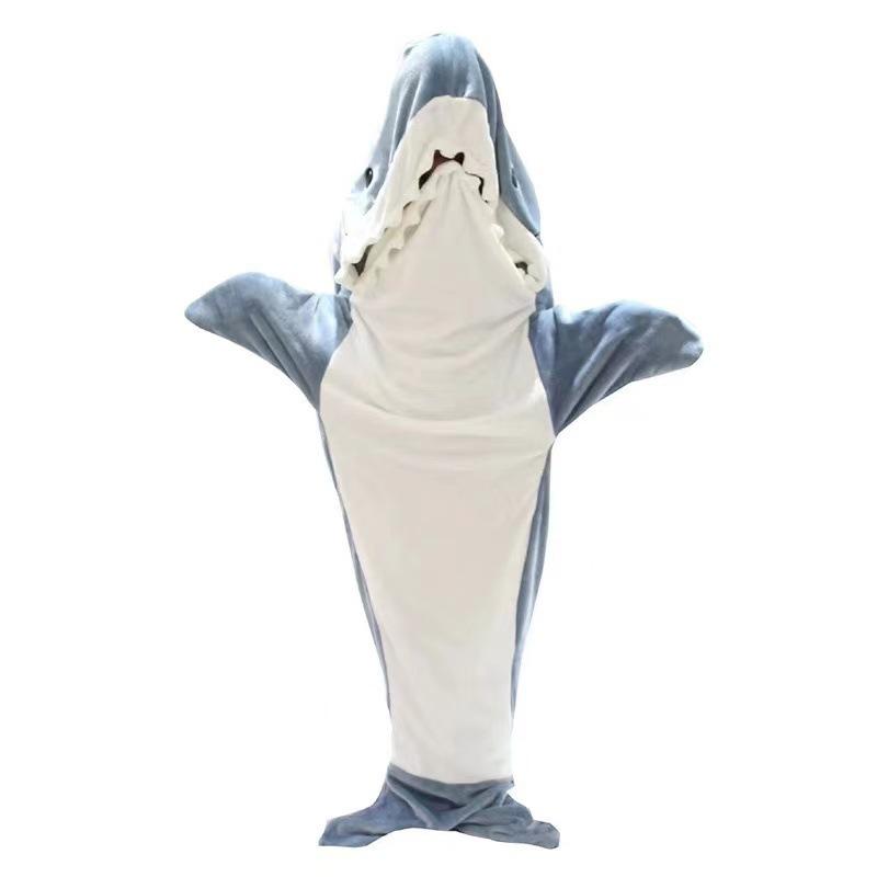 Cartoon Flannel Shark Sleeping Bag Pajamas - One-Piece Home Wear for Autumn and Winter