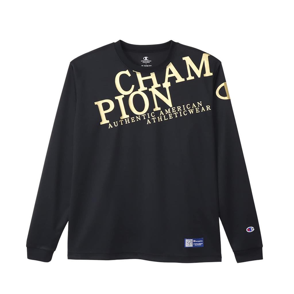 Champion Volleyball Long Round Odor with Black X Gold Men's T-Shirt, Sleeve, Neck, Antibacterial, Resistant, Quick-Drying, One-Point Logo, C3-YV411,