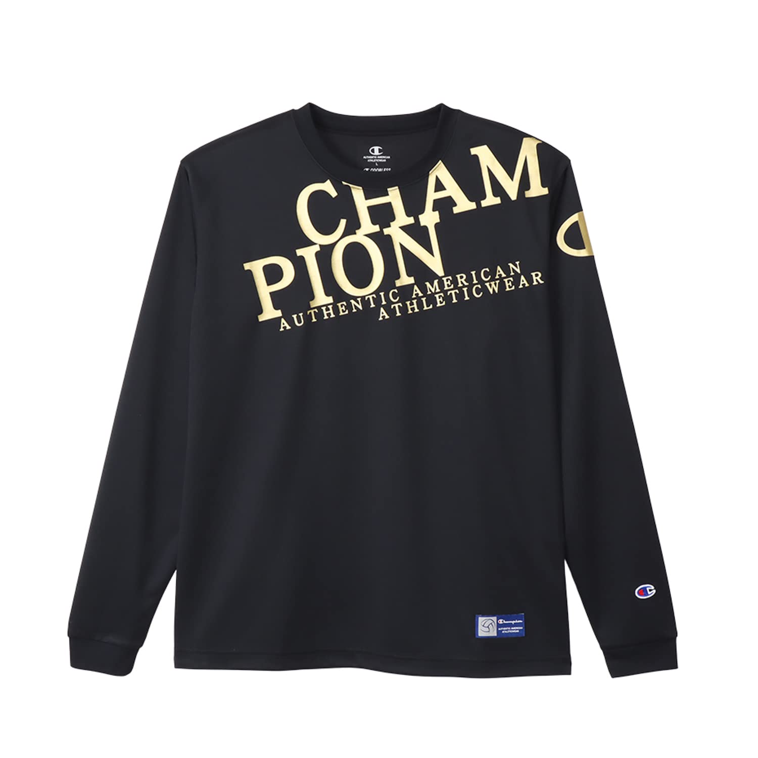 

Champion Volleyball Long Round Odor with Black x Gold Men s T-Shirt, Sleeve, Neck, Antibacterial, Resistant, Quick-Drying, One-Point Logo, C3-YV411,