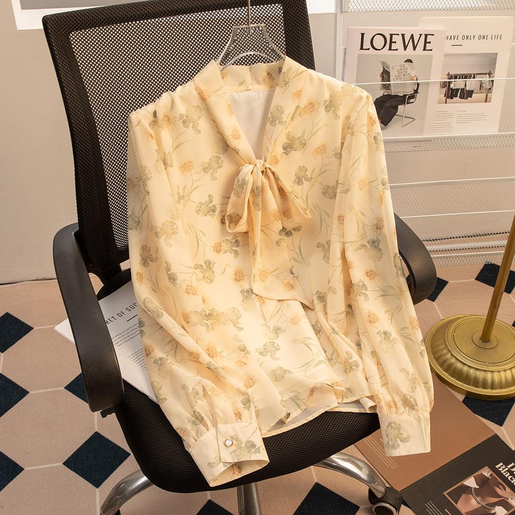 

Цветочная шифоновая рубашка для женщин на чайный перерыв, высококачественная и универсальная, шифоновый топ с затягивающейся талией S