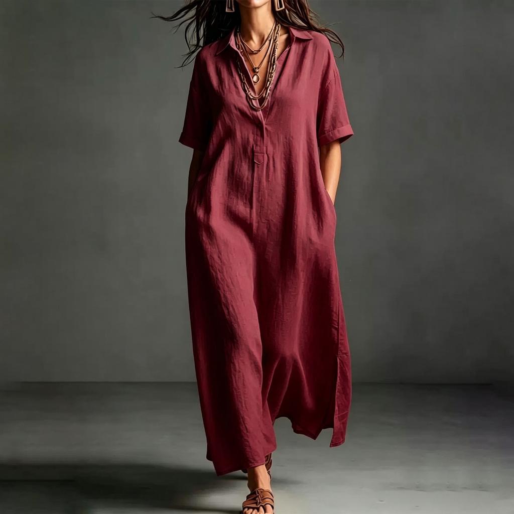 Womens Cotton Maxi Dress Short Sleeve Loose Fit Casual Shirt V Neck Button Long Kaftan Summer Beach Dress with Pockets