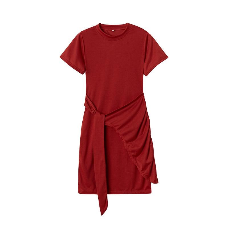 

IHUASU Летнее платье нестандартной формы с короткими рукавами и круглым вырезом, плиссированным поясом и бантом XXL