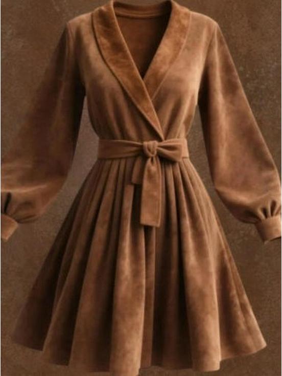 2026 Camel Suede Lapel Lace-up Short Coat Dress - European & American Retro Bathrobe Style