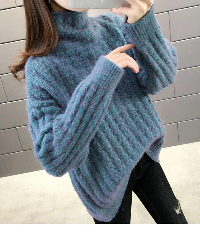 Moteriškas megztinis su kaklu, storas šiltas rudens žiemos laisvas megztinis, moteriškas megztinis, negabaritinis, purpurinės megztos juostelės