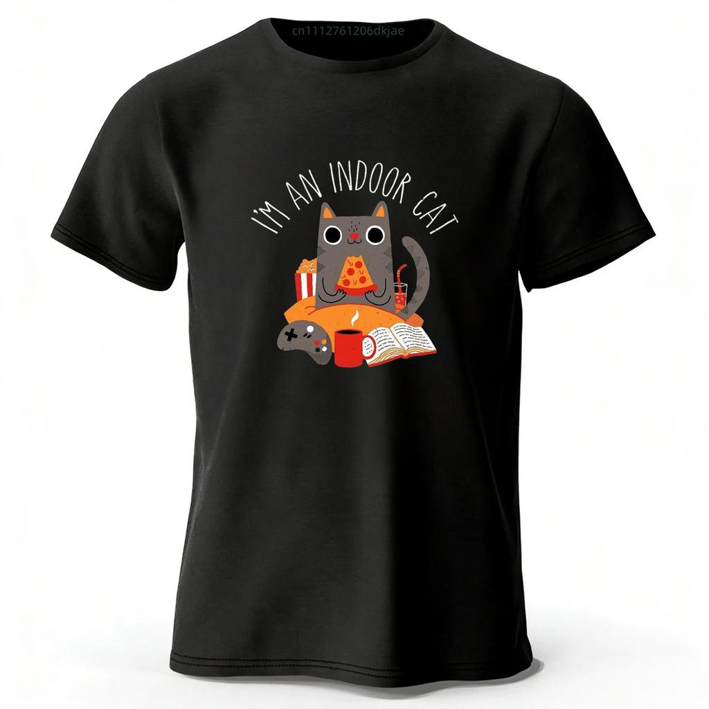 Home Style Pizza Cat Print Pure Cotton Short Sleeved Shirt Summer Menswomens Street Casual Trend Tshirt Large Size Loose Top