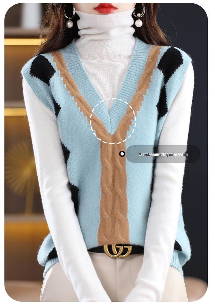 V-Neck Color-Block Loose Layered Women's Vest for Autumn/Winter - Perfect Over Sweaters, Cardigans, Knitwear & Wool Outerwear
