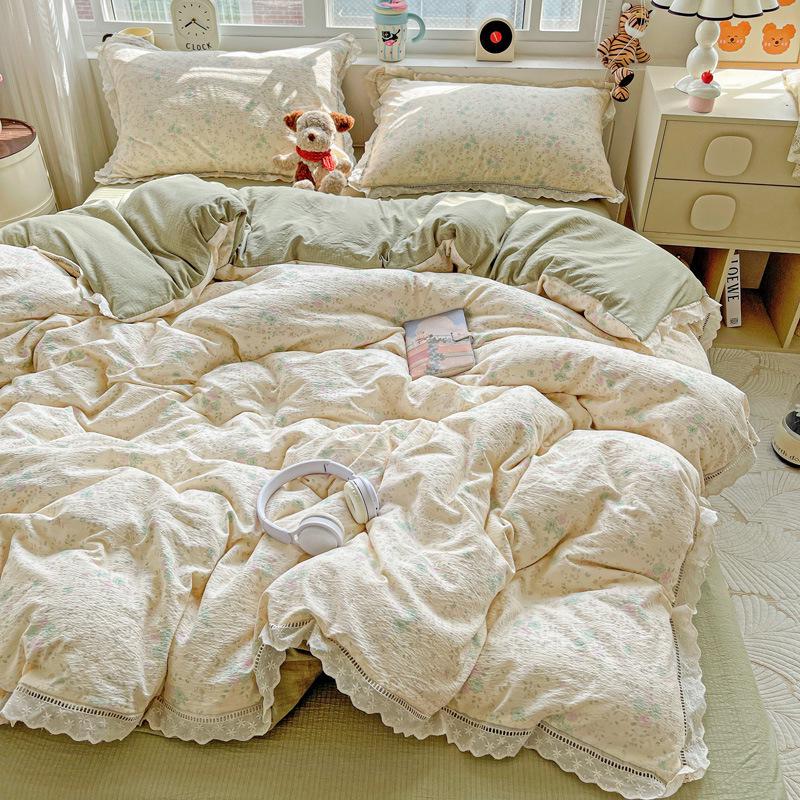 G5Z25 Cloud-Feel 4-Piece Double-Layer Gauze Lace Bedding Set - Washed Cotton Duvet Cover and Bed Sheet, Ins Style.