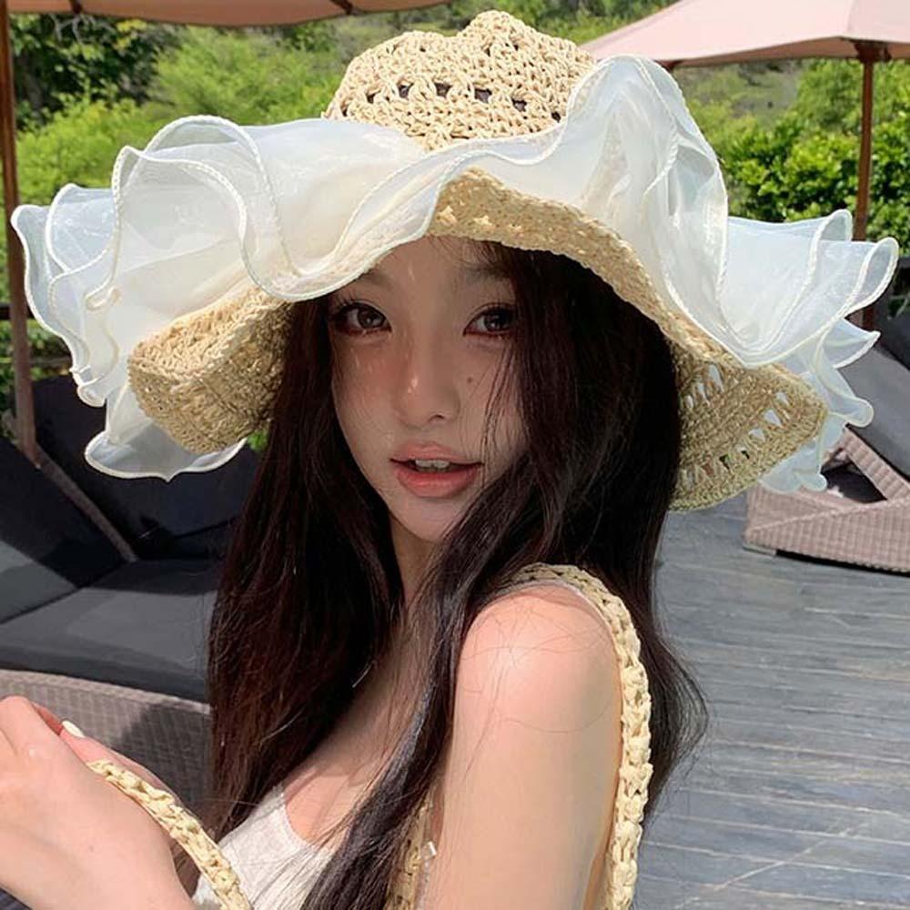 Breathable Straw Weaving Beach Hat Portable Big Brimmed Woven Cap Beige Lace Pearls Sun Cap  Travel