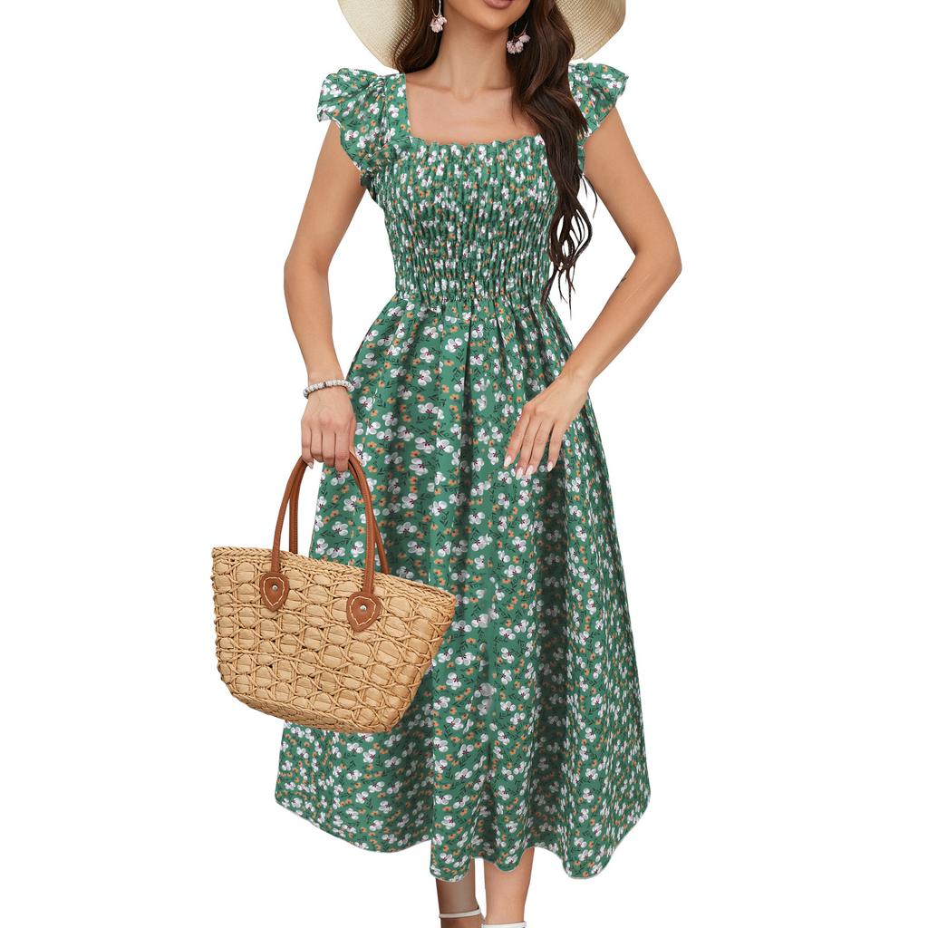 European and American summer new Feifei sleeve printing skirt casual waist square collar A pendulum skirt