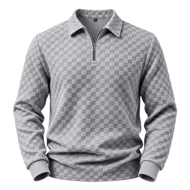 Men S Long Sleeve Polo Sweatshirt Checkered Jacquard Casual Business