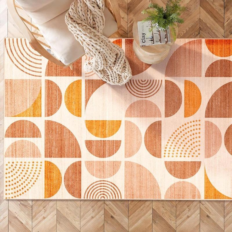 Boho Orange Area Rug – Machine Washable Non-Slip Abstract Carpet for Bedroom Living Room Entryway, Soft Indoor Bedside Mat