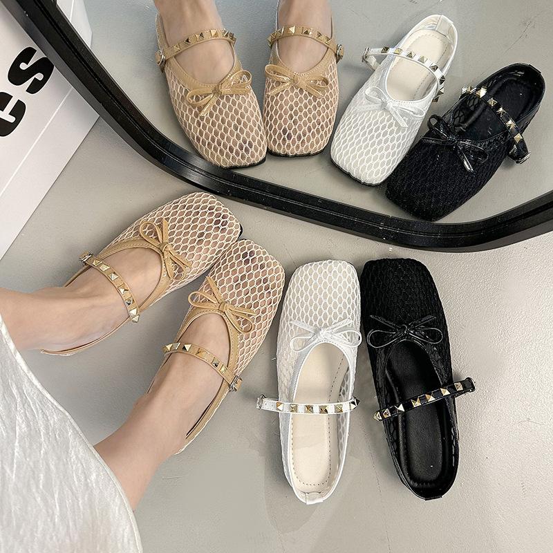 Niche Design Rivets with Hollowed-out Bag Head Half Slippers Women's Summer Wear a Pedal Breathable Fishing Net Shoes