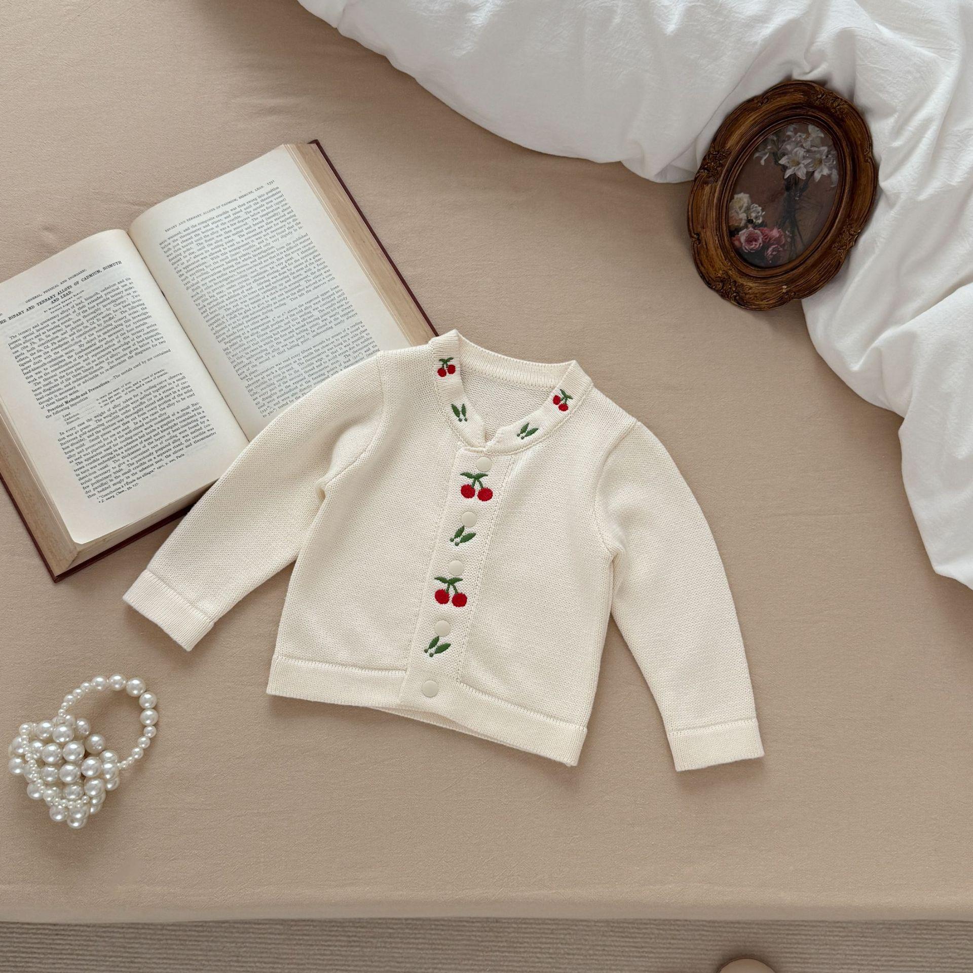 

Baby Unisex Cotton Jumpsuit & Cherry Embroidered Knit Jacket Set 73 cm