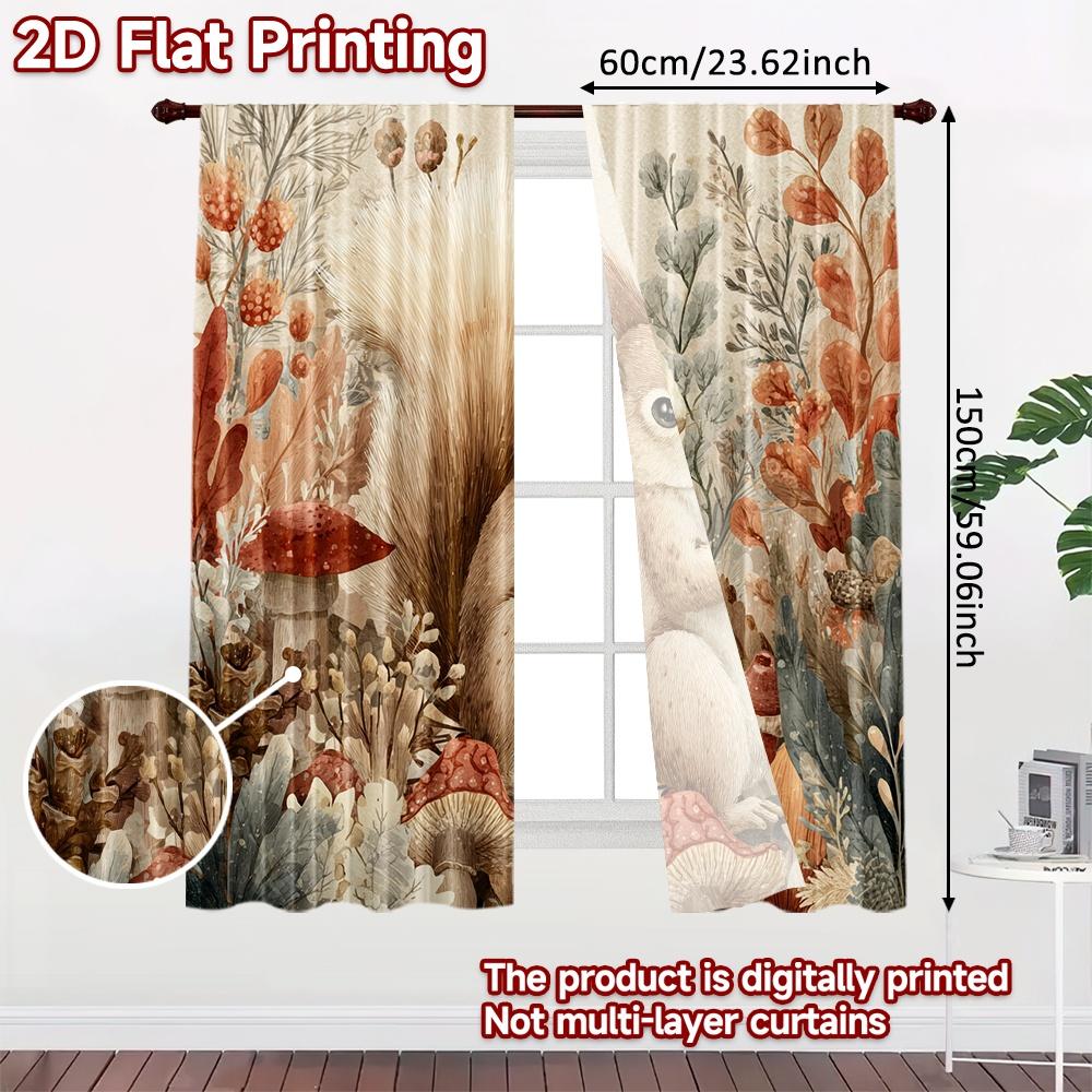 2pcs, 2D FLAT PRINTING Curtains (Without Rod) Autumn Squirrel Christmas Festival Creative Curtains Polyester Easy Install