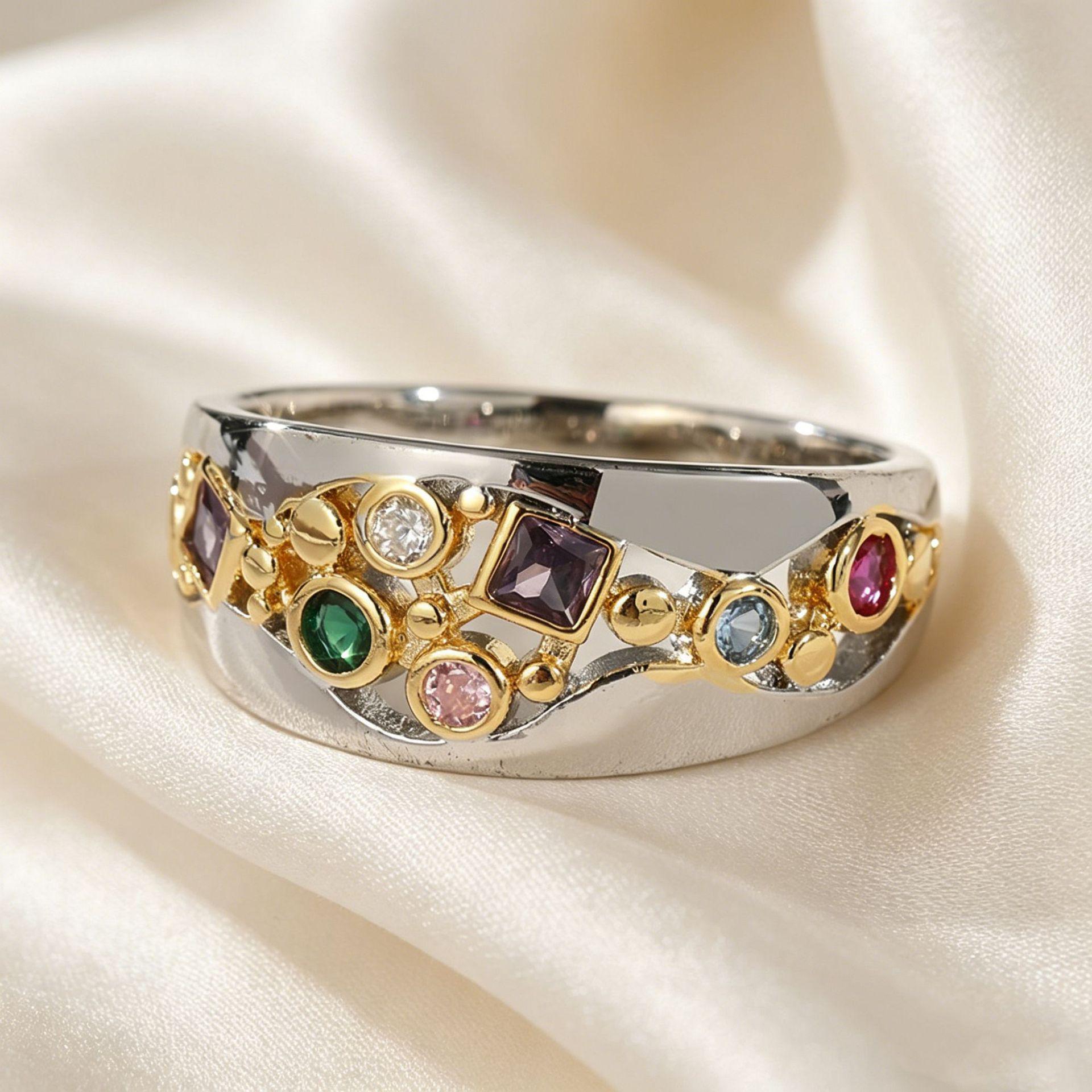 Yanbai Ethnic Style Wide Band Copper Ring with Two-Color Hollow Pattern & Zircon Inlay Size 6