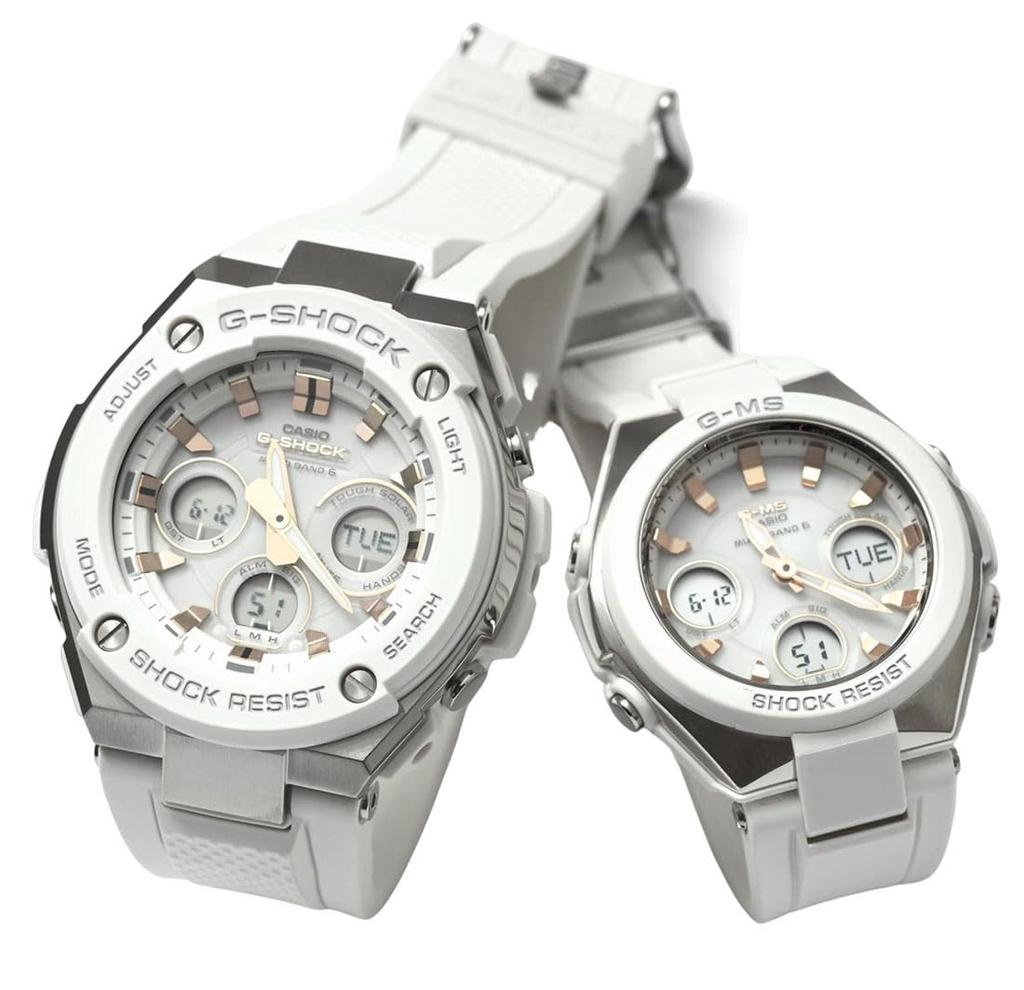 Casio G-SHOCK & Baby-G Pair Watches, Model GST-W300-7AJF & MSG-W100-7A2JF, Solar Radio-Controlled, White, Analog-Digital