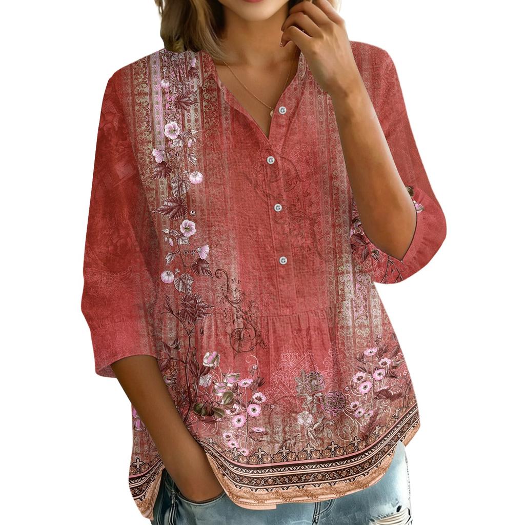 Women's Button Front Vintage Floral Print Shirt Top Three Quarter Sleeve Loose Fit Blouse with Lapel Collar Casual Wear