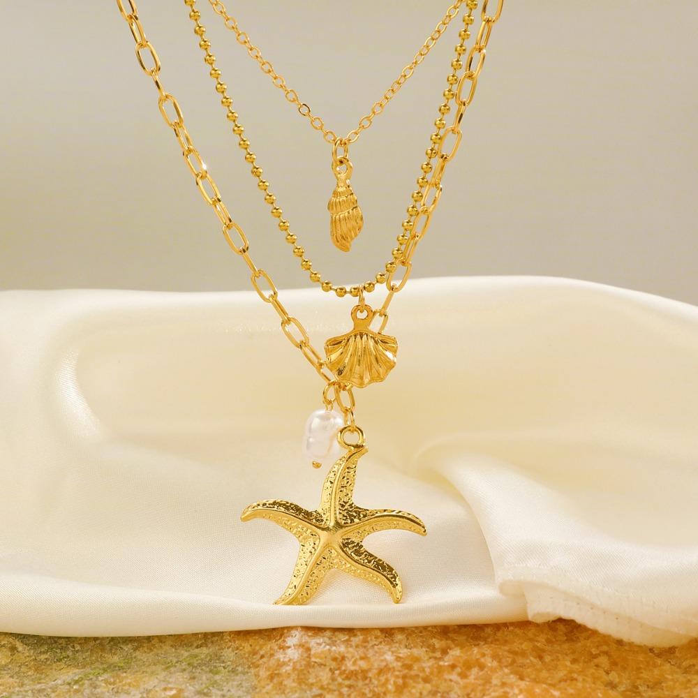 Starfish Conch Shell Pearl Pendant Necklace 3-in-1 Choker Chain Jewelry Gift