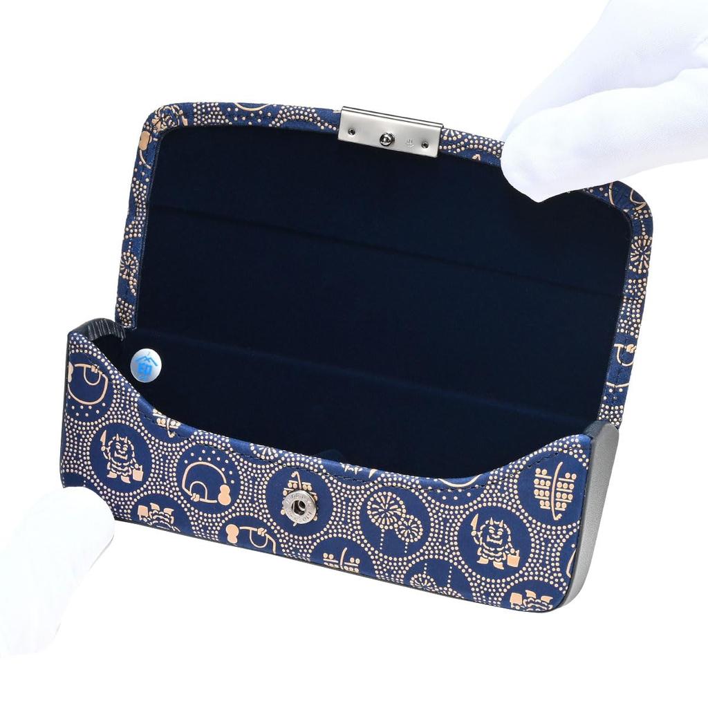 Inden H Glasses Navy Blue with White Akita Akita Prefecture Limited Edition [Inden-ya] Case, Deerskin, Lacquer, Pattern, 4206-14-AKT,