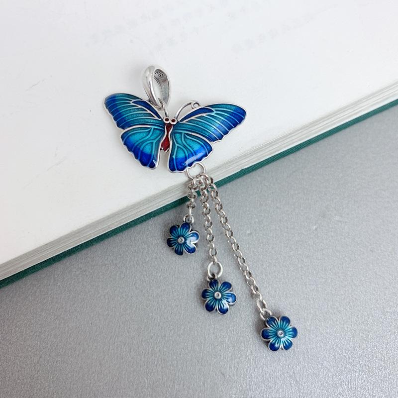 925 Sterling Silver Enamel Craft Butterfly Flower Fringed Pendant Retro Ethnic Style Collarbone Chain Blue Butterfly Pendant