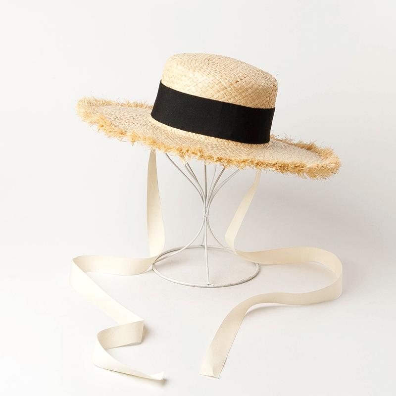 European and American spring and summer new models with straps, hand-woven thickened edged raffia flat top hat, sunshade beach raffia straw hat