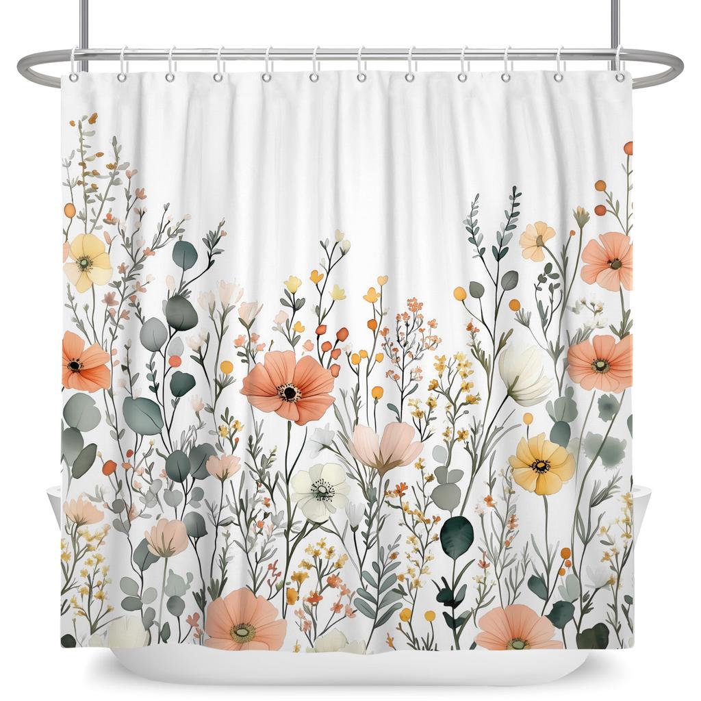 Watercolor Floral Shower Curtain Vibrant Wildflower Butterfly Print Waterproof Bathroom Curtain Decor Polyester With 12 Hooks
