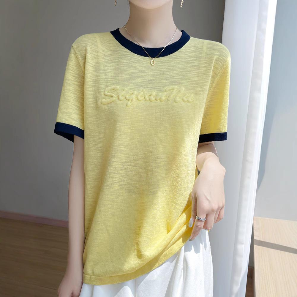 

Летний новый вязаный свитер с круглым вырезом, футболка с короткими рукавами, женский тонкий стиль с трехмерной буквой в стиле колор-блок XL жёлтый