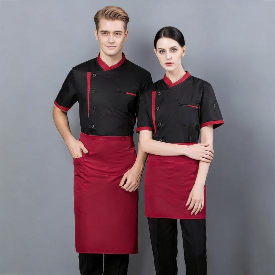 Chef Uniform Chinese Stand-Up Collar Short Sleeve Unisex Chef Tops with Practical Button Closure Color Matching Functional Pocket Restaurant Kitchen