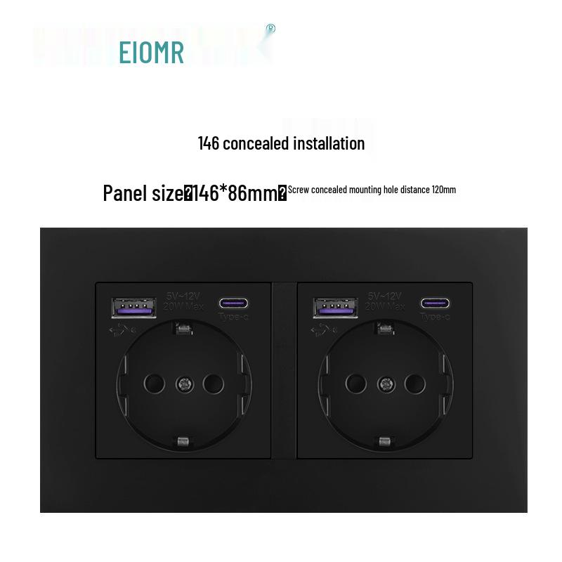 Black 16A German Standard Socket Panel with Double USB + Type C, Concealed European Installation