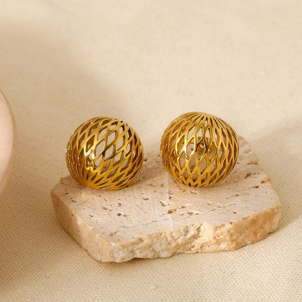 European and American retro design sense niche hollow diamond hemisphere stud earrings plated with 18k gold stainless steel waterproof earrings