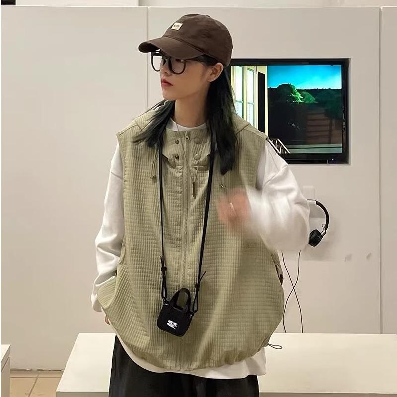 

Унисекс японский ретро вафельный жилет с капюшоном - свободный крой без рукавов тренд рабочей одежды 2XL легкие хаки