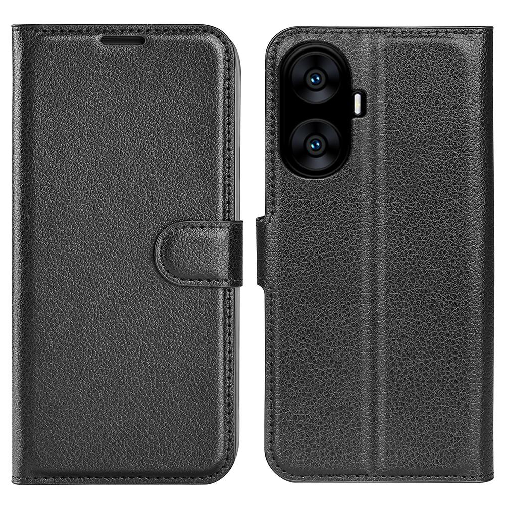 

For Realme C55 Litchi Texture PU Leather Wallet Phone Shell Cover Foldable Stand Phone Case Black