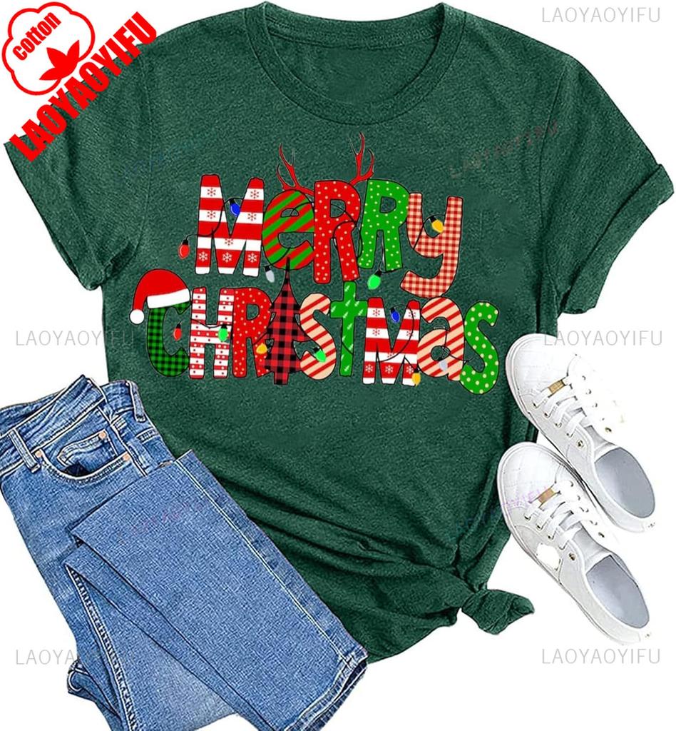 New Year Xmas Gift Merry Christmas Cotton Shirts for Women Merry and Bright Tree Graphic Holiday Printed TShirt Tops Unisex Tee