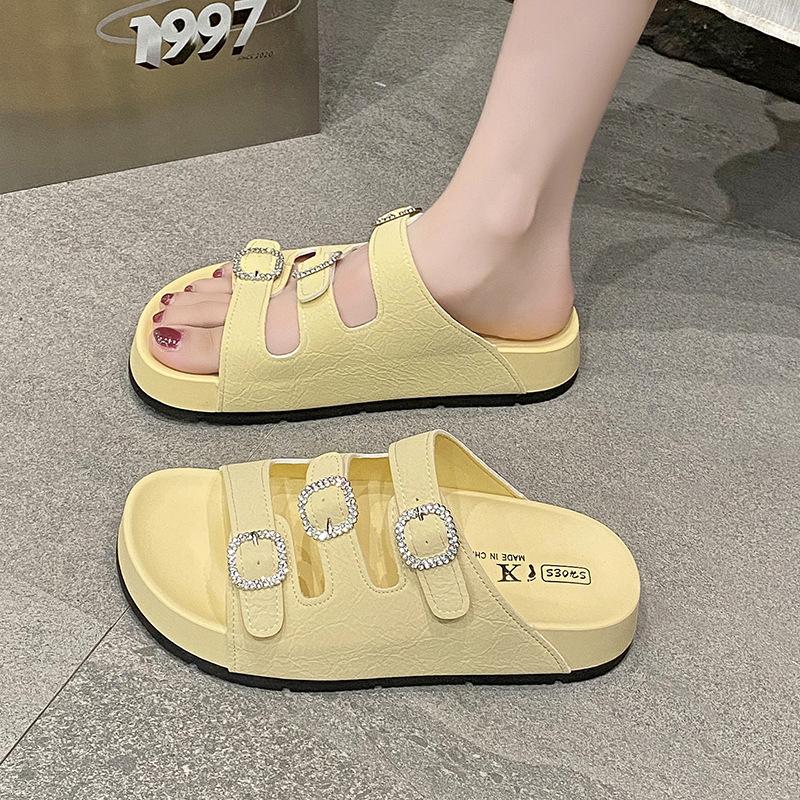Thick-bottomed one-character slippers for women's outer wear summer new versatile rhinestone soft-bottomed sandals for women's slippers