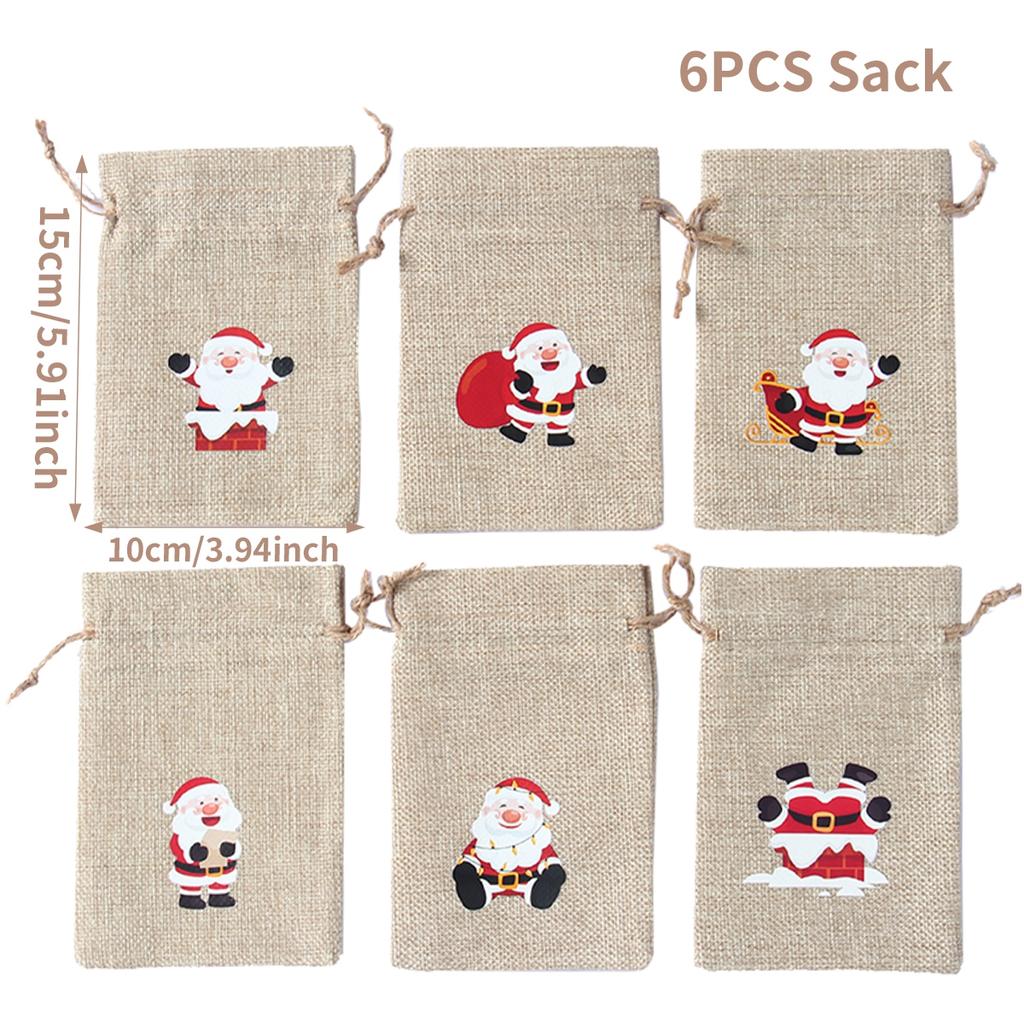 6Pcs Santa Claus Elk Bells Small Bear Drawstring Natural Burlap Bag Jute Gift Bag 10x15cm Cotton Linen Christmas Print Gift Bag