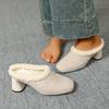 Winter Women High Heel Pumps Handmade Warm Fur Snow Boots Medium Heel Single Shoes Leather Rubber Outsole Comfortable  Booties