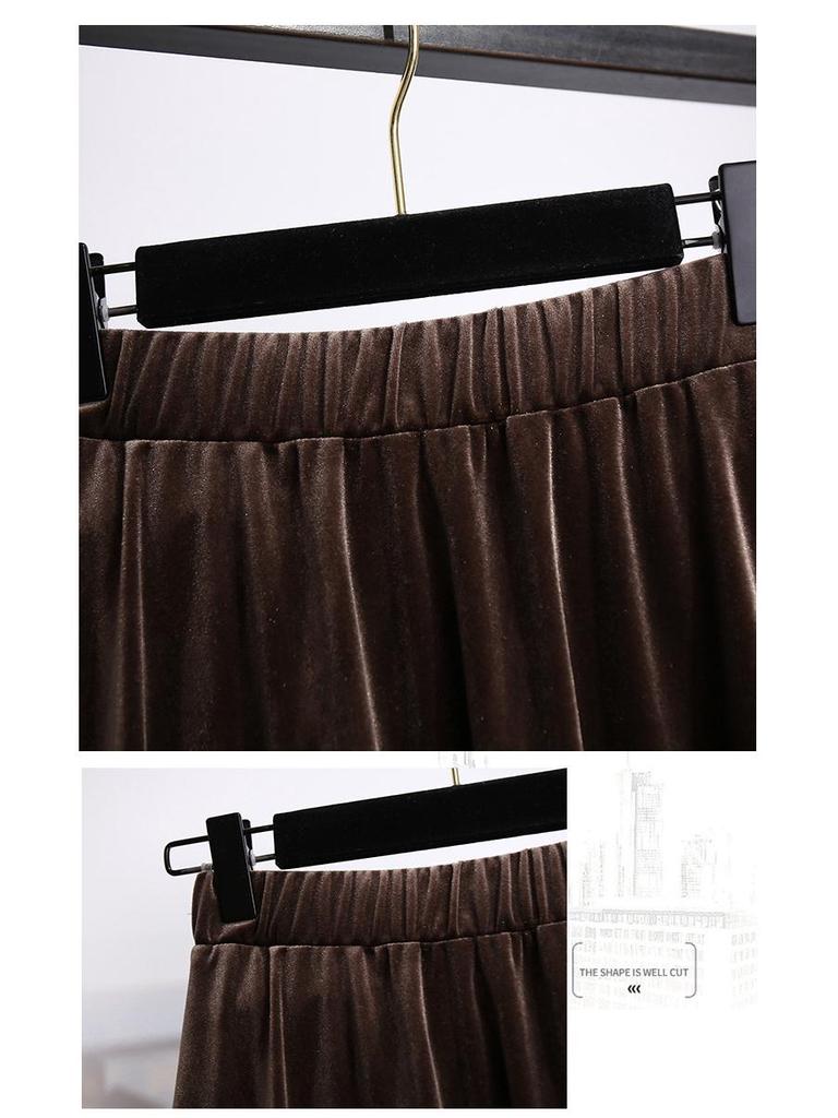 Plus Size High Waist Velvet A-Line Skirt for Women - Spring/Autumn Elastic Waist Slimming Long Skirt