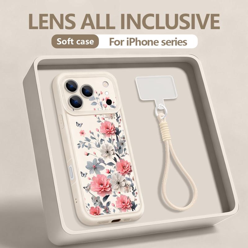INS Floral Pattern Lanyard Case For iPhone 17 Pro Max iPhone 16 15 Pro Max 14 13 11 16E 17E Shockproof Bumper Wristband Cover